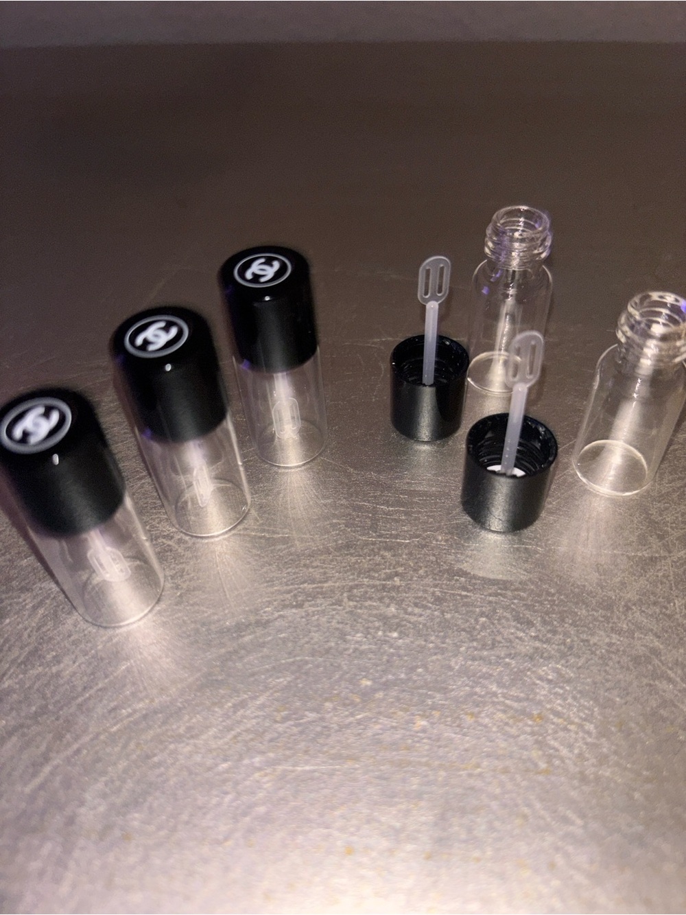 CHANEL Mini Clear Lip Gloss Vials with Black Logo Caps
